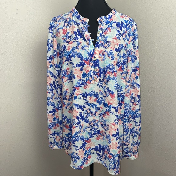 Talbots Blouse Women's Large Blue Pink Artsy Feminine Long Sleeve Boho Peasant - Picture 1 of 11